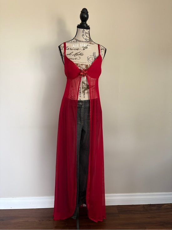 La Vie En Rose Other - Y2K La Vie En Rose Red Sheer Mesh Open Front Lingerie Maxi Slip Flyaway Top